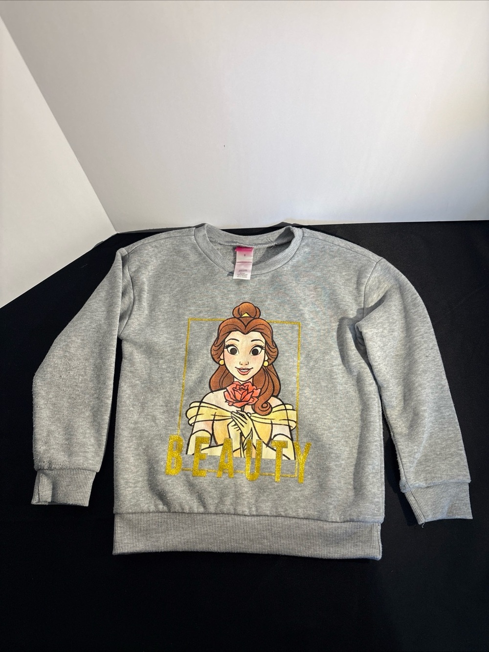 Disney Girls' Grey Belle Graphic Sweatshirt with Pink Rose and Gold Lettering